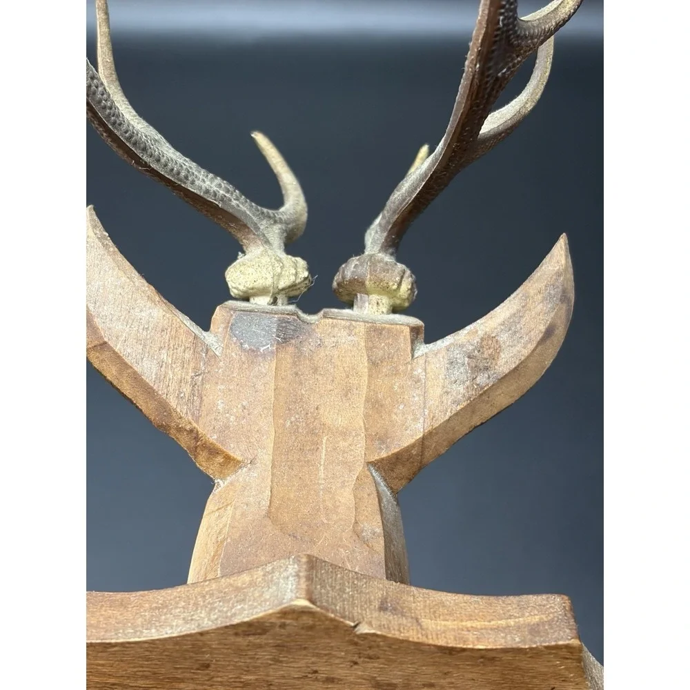 Vintage German Cuckoo Clock Wood Deer Head w/ Horns Guns Topper Rustic Log Cabin